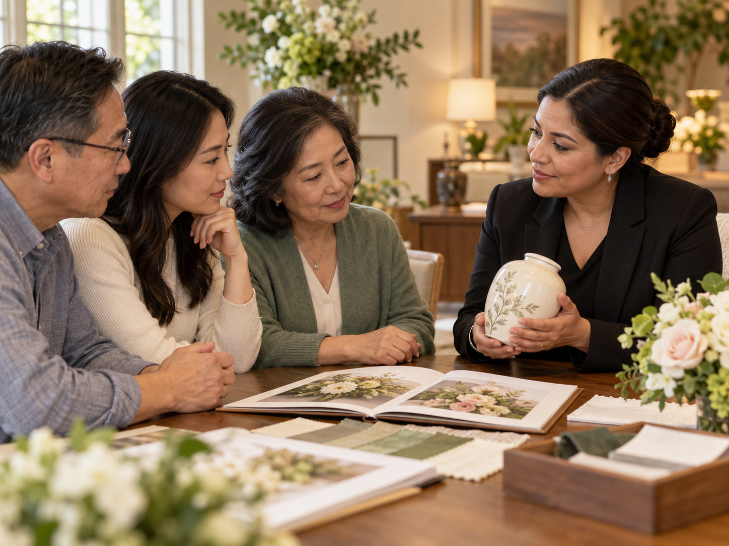 East Asian family meeting with a Hispanic funeral professional