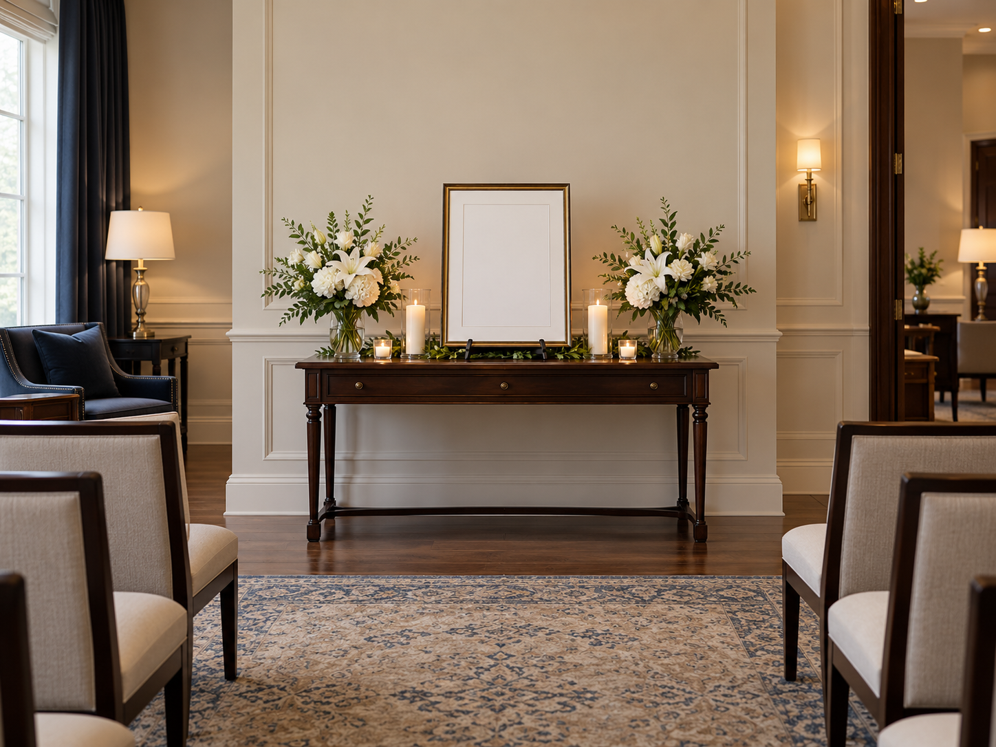 Traditional memorial setting before personalized tribute décor